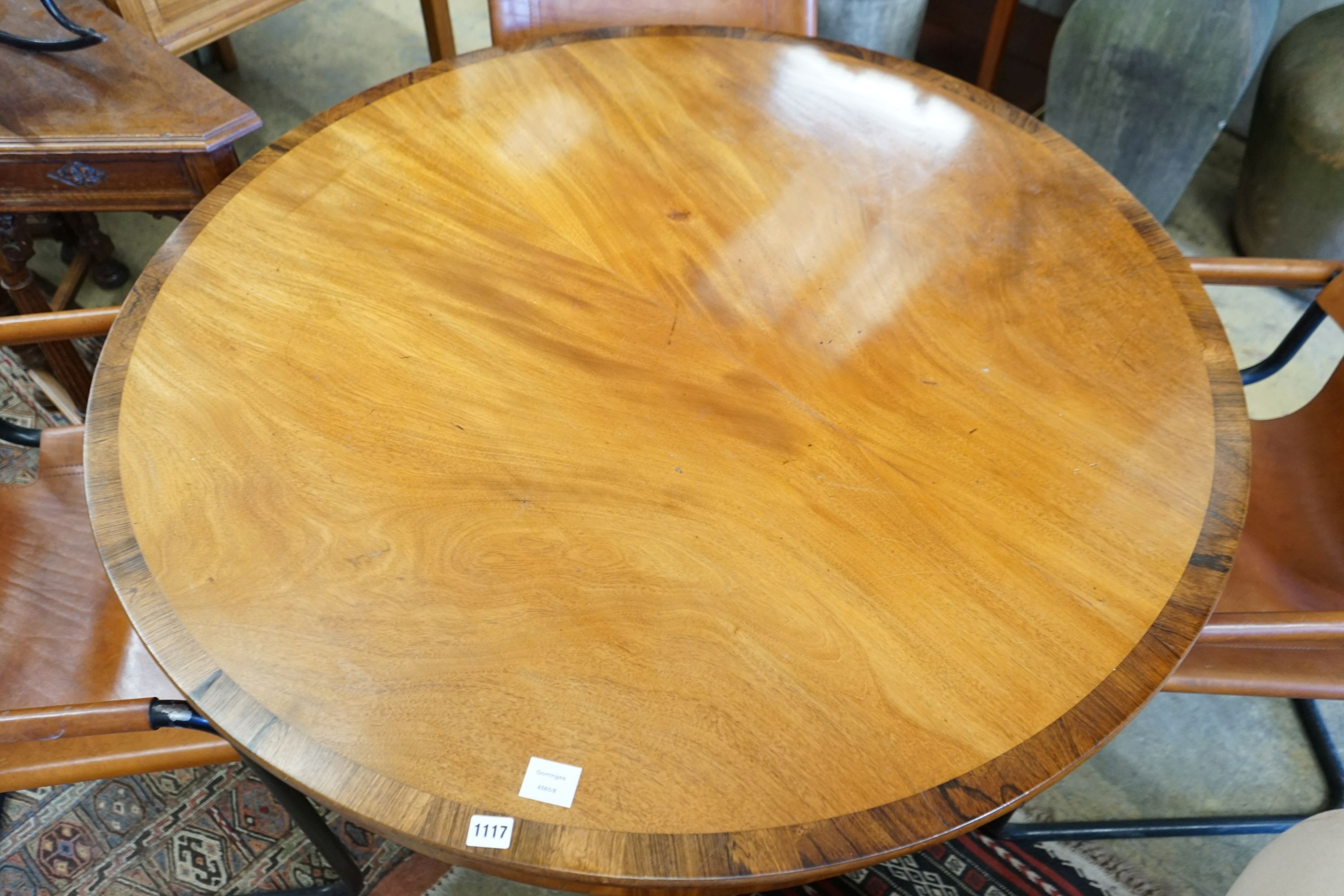 A Victorian rosewood banded circular mahogany tilt top breakfast table, diameter 119cm, height 75cm